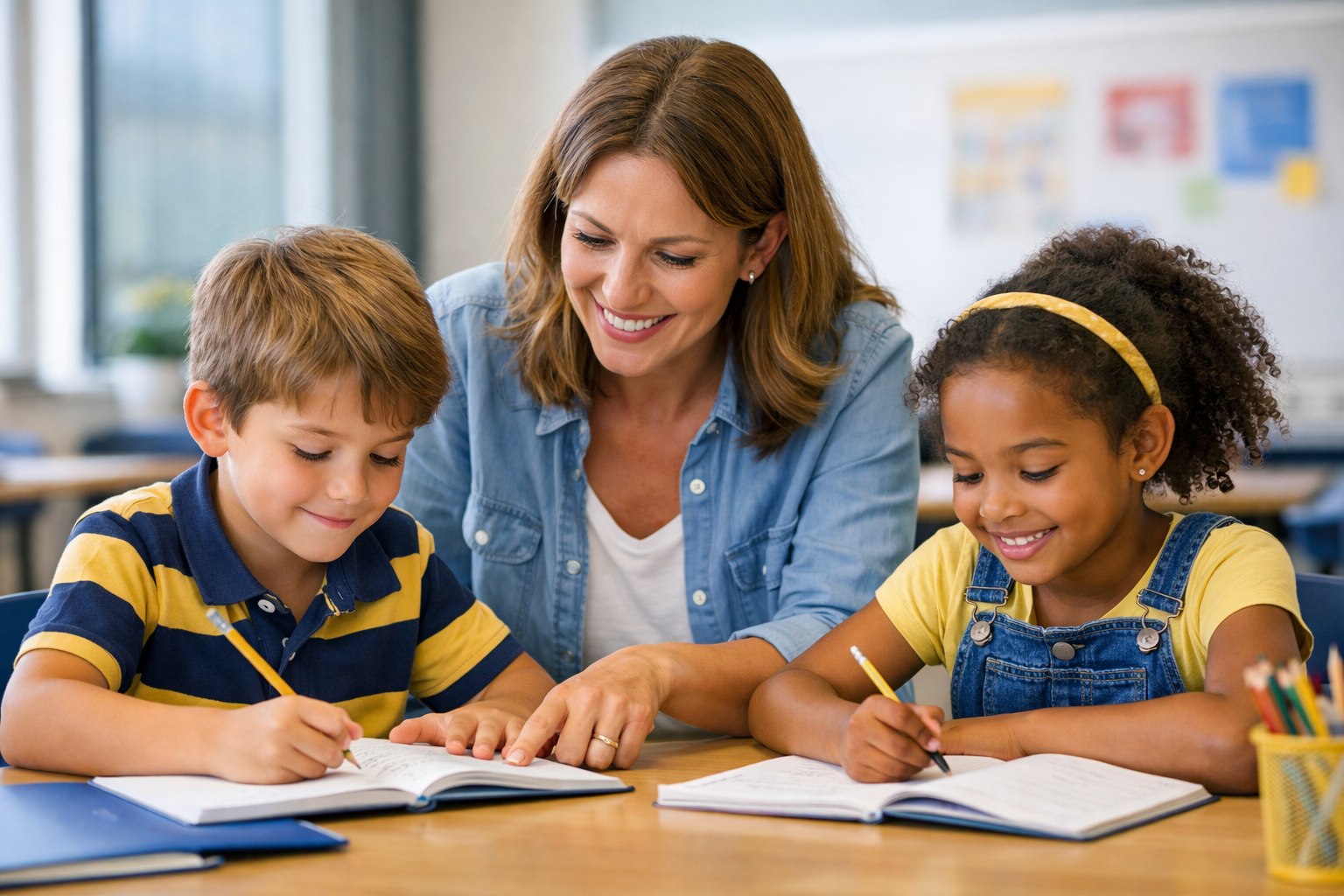 Teacher helping two children in a classroom