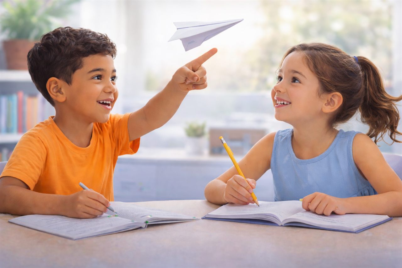 Child playing with paper plane