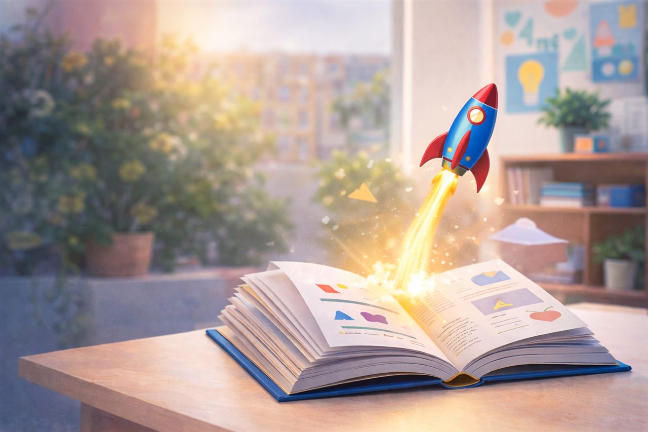 Child launching from a book on a rocket